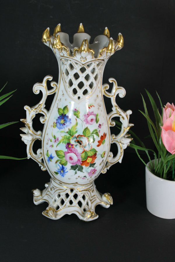 Antique french vieux paris porcelain vase hand paint  floral decor