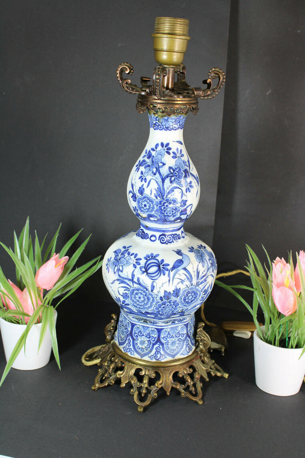 Antique Delft pottery birds floral decor Vase mounted lamp