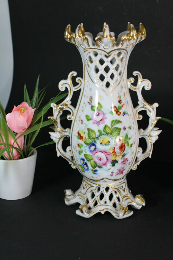 Antique french vieux paris porcelain vase hand paint  floral decor