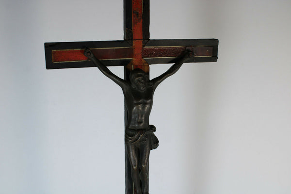 Antique 1800s napoleon III Wood inlay XL crucifix cross religious