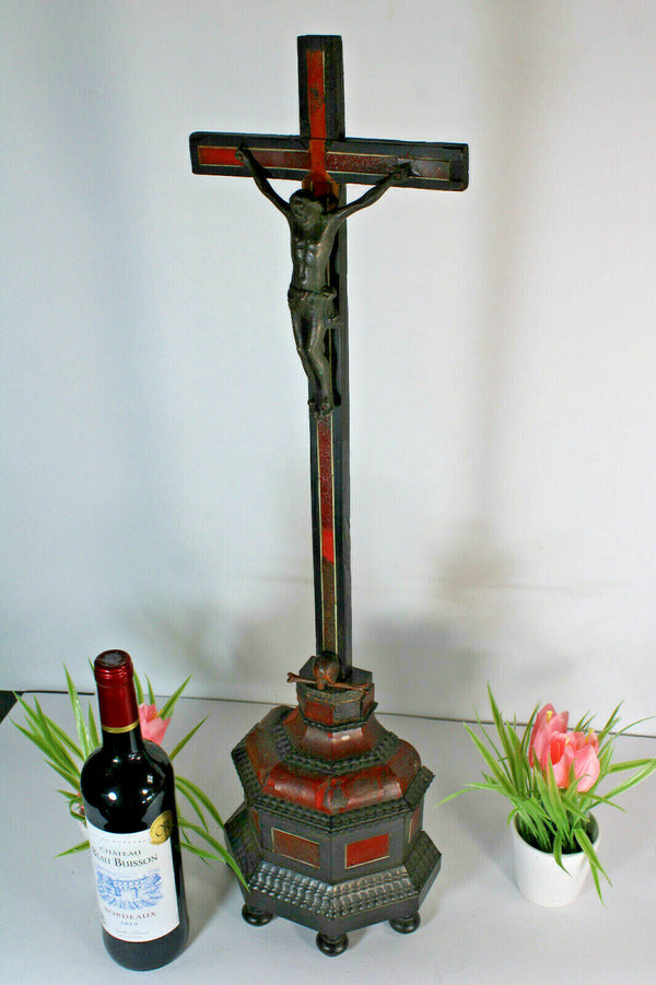 Antique 1800s napoleon III Wood inlay XL crucifix cross religious