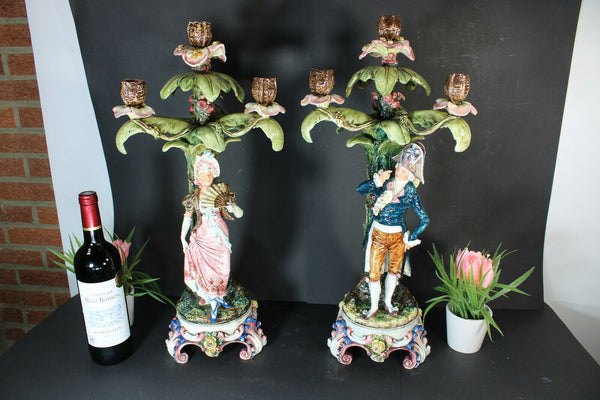 PAIR XL art nouveau antique french barbotine majolica candelabras figural