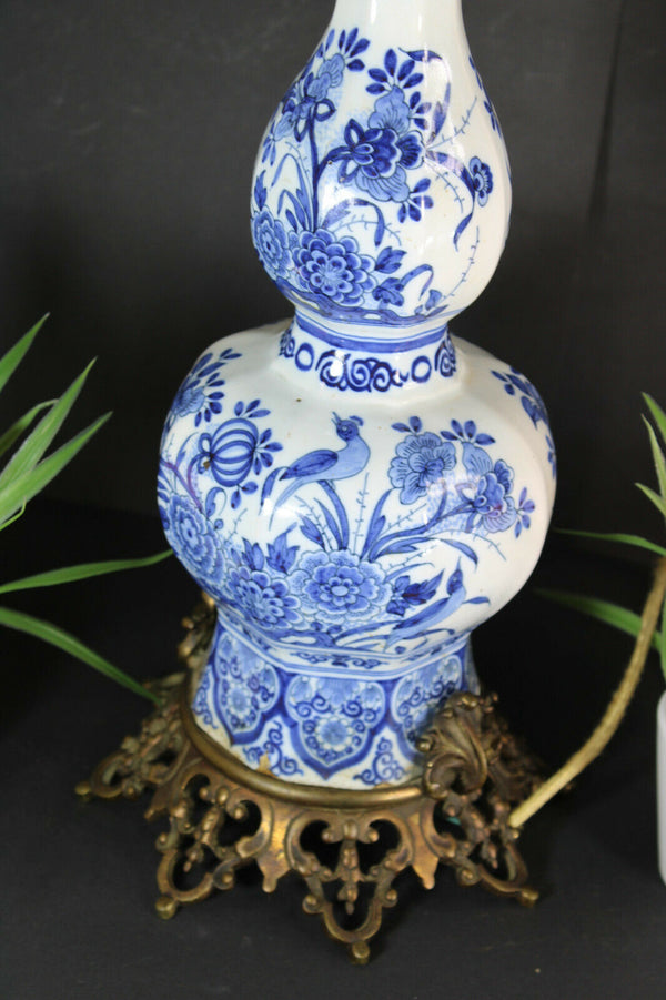 Antique Delft pottery birds floral decor Vase mounted lamp
