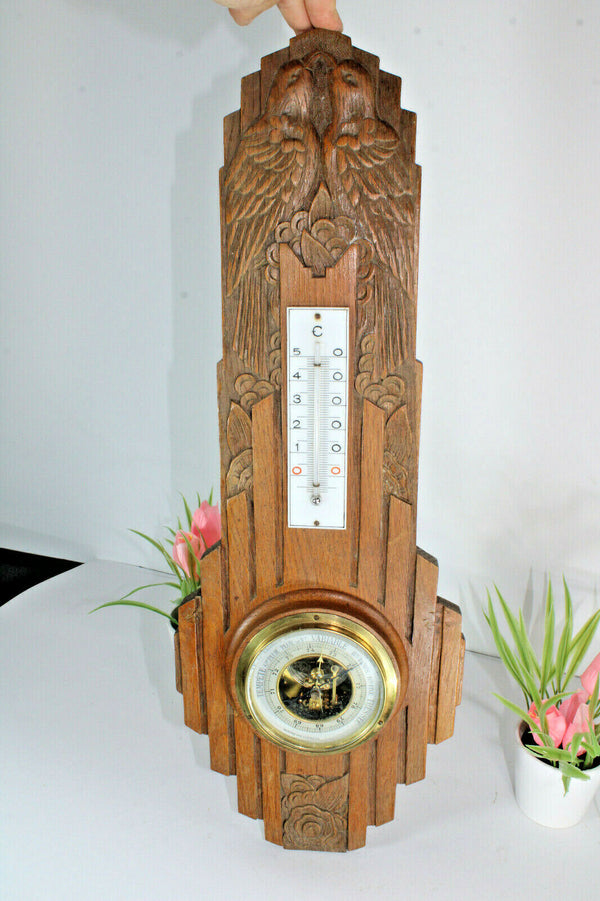 Antique French wood carved art deco birds barometer