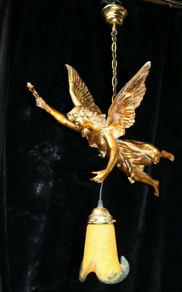 Vintage XL 1970 Angel winged lady pendant chandelier lamp glass paste shade