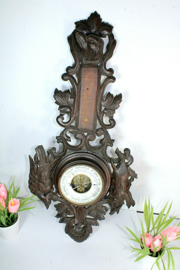 Antique black forest wood carved barometer hunting theme dog