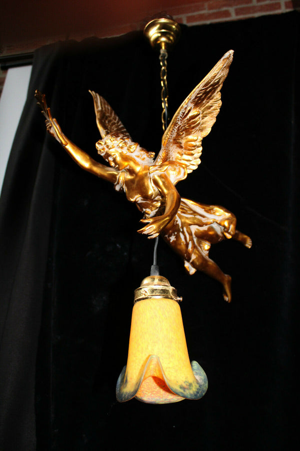 Vintage XL 1970 Angel winged lady pendant chandelier lamp glass paste shade