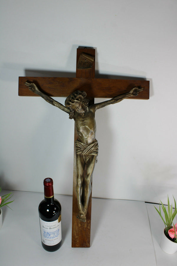 Antique french wood chalkware XL crucifix cross