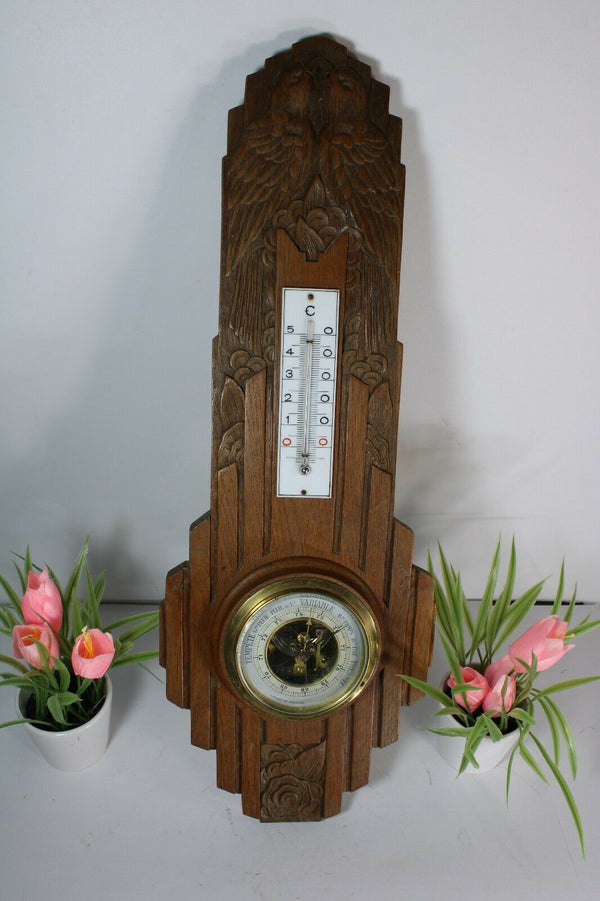 Antique French wood carved art deco birds barometer