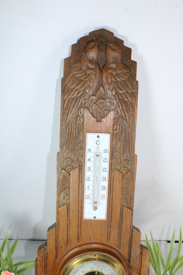 Antique French wood carved art deco birds barometer