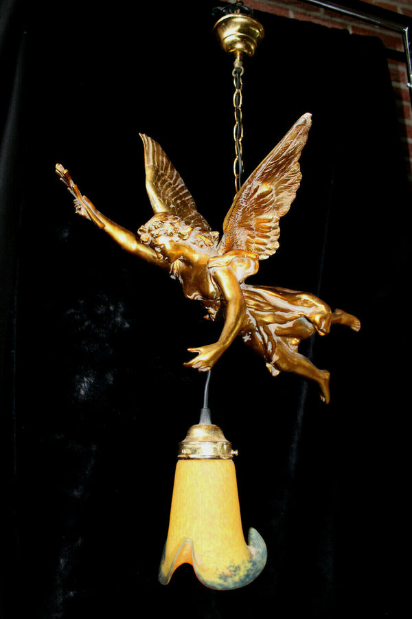 Vintage XL 1970 Angel winged lady pendant chandelier lamp glass paste shade