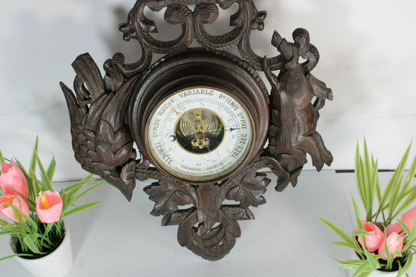 Antique black forest wood carved barometer hunting theme dog