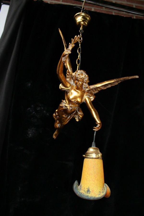 Vintage XL 1970 Angel winged lady pendant chandelier lamp glass paste shade