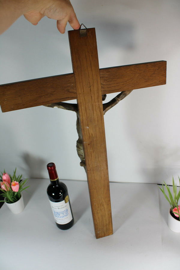 Antique french wood chalkware XL crucifix cross