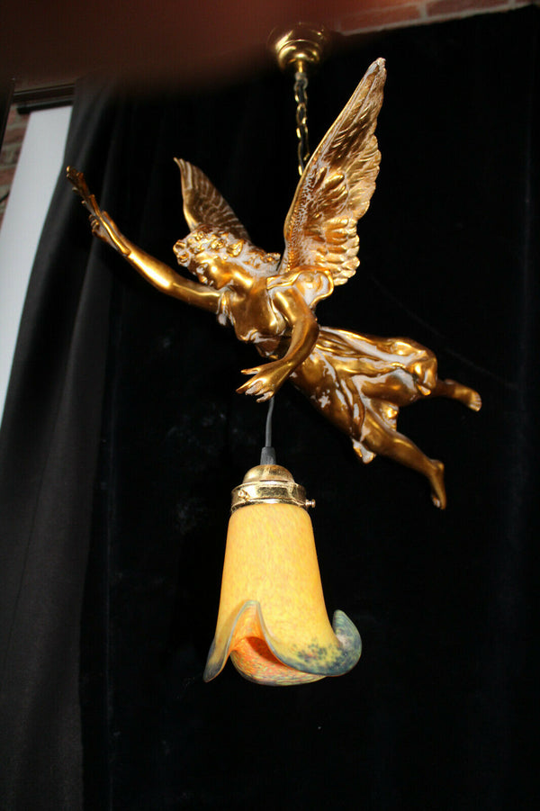 Vintage XL 1970 Angel winged lady pendant chandelier lamp glass paste shade