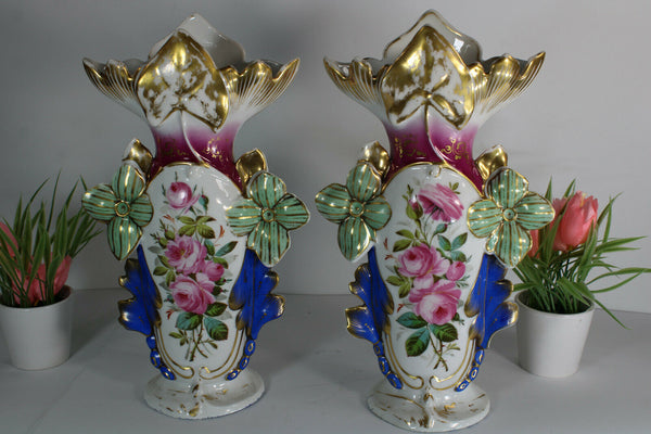 PAIR antique french vieux paris porcelain Vases floral Scene hand paint