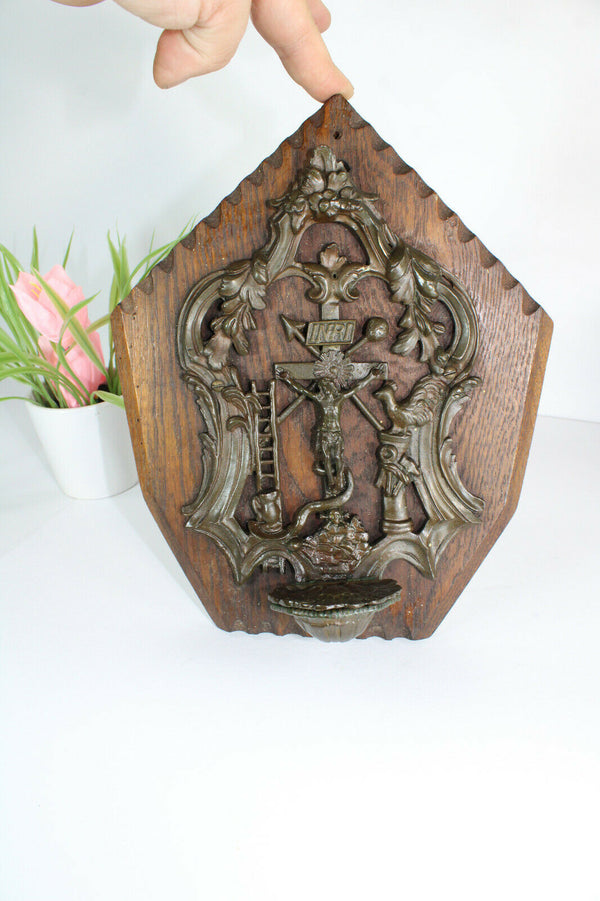 Antique metal wood holy water font crucifix religious