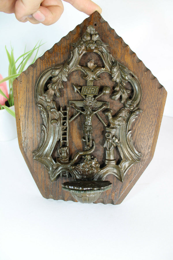 Antique metal wood holy water font crucifix religious