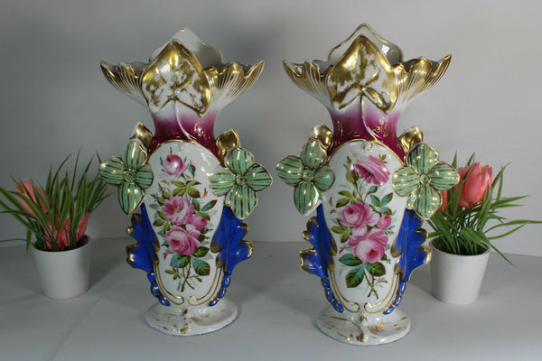 PAIR antique french vieux paris porcelain Vases floral Scene hand paint