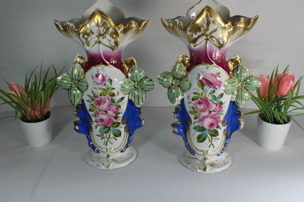 PAIR antique french vieux paris porcelain Vases floral Scene hand paint