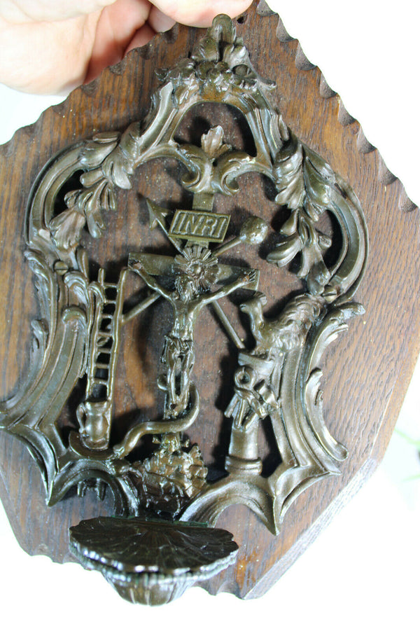 Antique metal wood holy water font crucifix religious