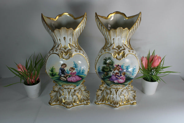 PAIR antique french vieux paris porcelain Vases Romantic Scene hand paint