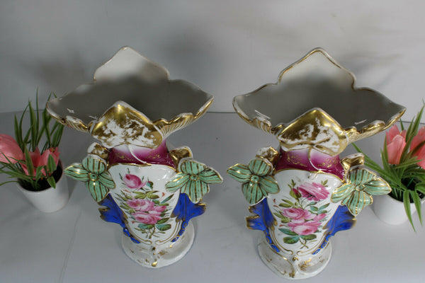 PAIR antique french vieux paris porcelain Vases floral Scene hand paint