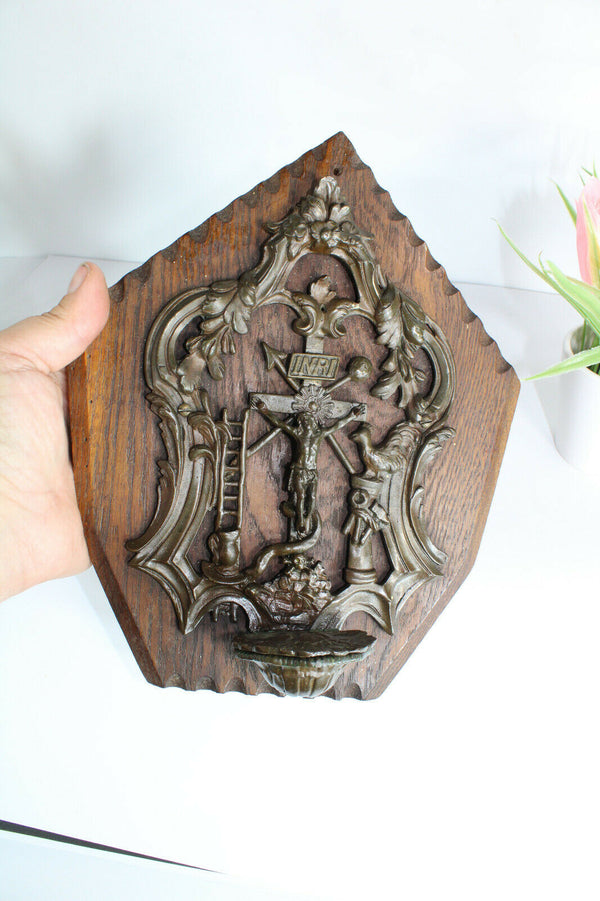 Antique metal wood holy water font crucifix religious