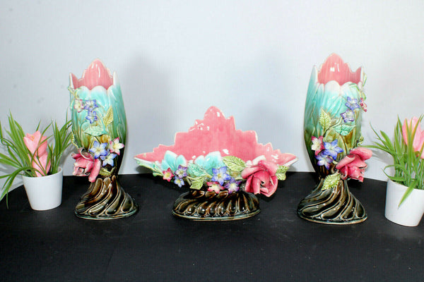 Antique French barbotine majolica set centerpiece vases art nouveau marked