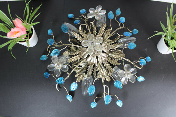 Vintage mid century DAisy flower blue glass leaf flush mount lamp attr bagues