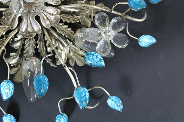 Vintage mid century DAisy flower blue glass leaf flush mount lamp attr bagues