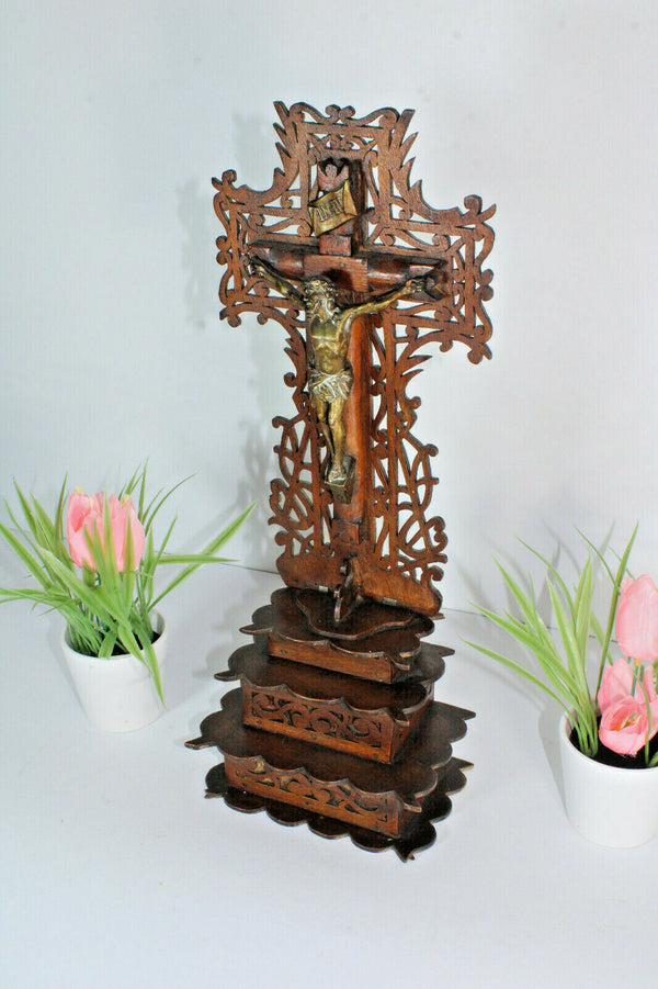 Antique French wood cut religious crucifix cross