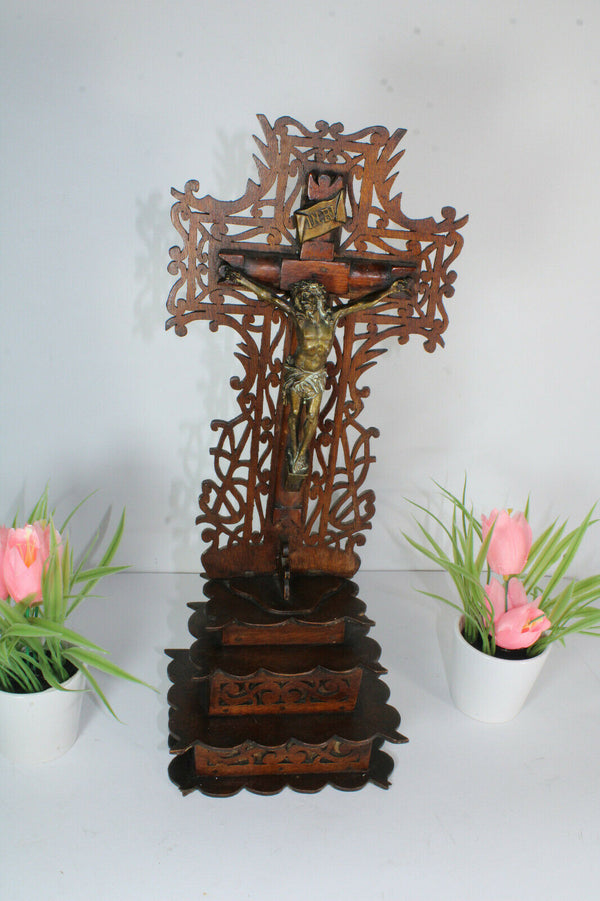 Antique French wood cut religious crucifix cross