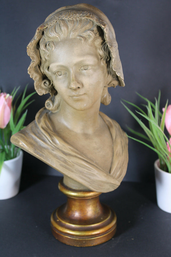 Antique Art deco terracotta Bust girl statue signed Demanet 1930