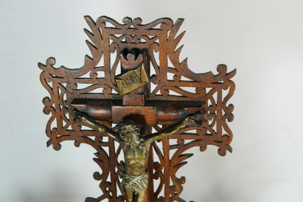 Antique French wood cut religious crucifix cross