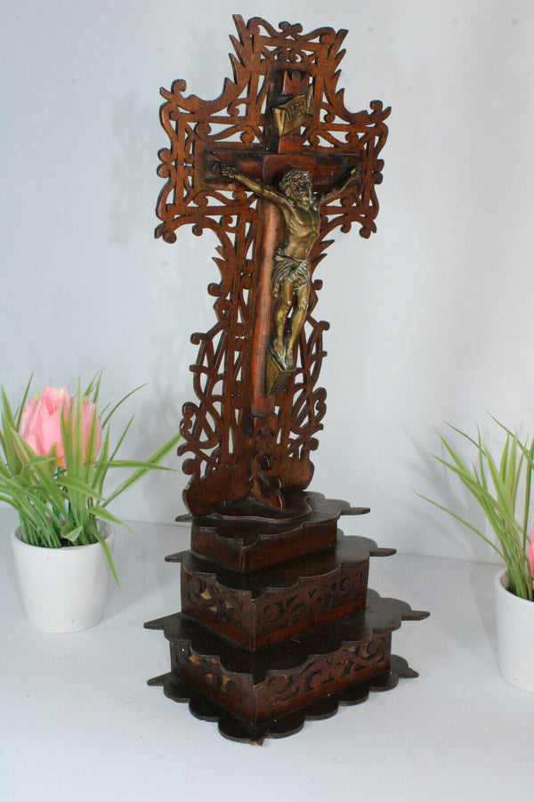 Antique French wood cut religious crucifix cross