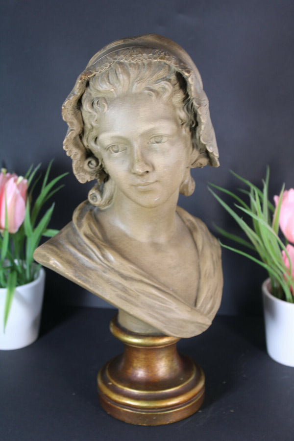 Antique Art deco terracotta Bust girl statue signed Demanet 1930