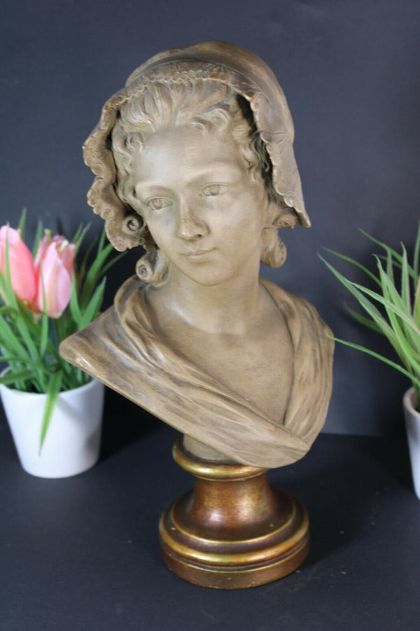 Antique Art deco terracotta Bust girl statue signed Demanet 1930