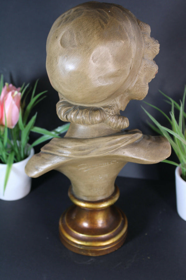 Antique Art deco terracotta Bust girl statue signed Demanet 1930