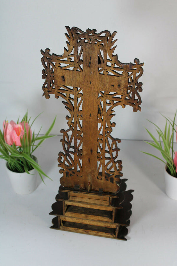 Antique French wood cut religious crucifix cross