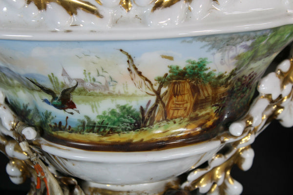 XXL French antique vieux paris porcelain Centerpiece bowl vase dog hunting rare