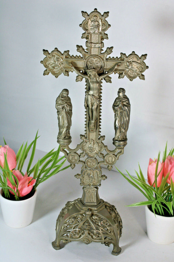 Antique french spelter metal art deco crucifix calvary 4 evangelist