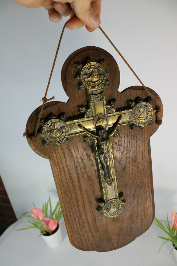 Antique French religious wood plaque with brass crucifix 4 evangelists