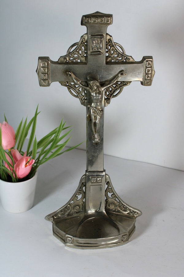 Antique french spelter zinc metal art deco crucifix