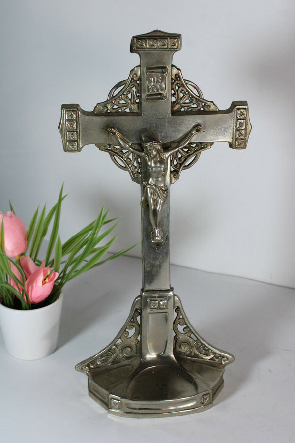 Antique french spelter zinc metal art deco crucifix