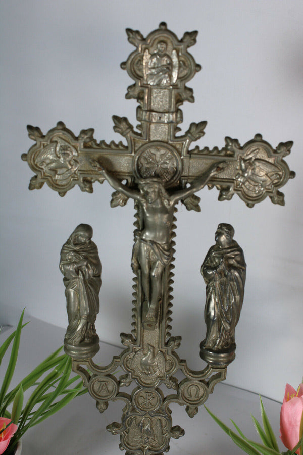 Antique french spelter metal art deco crucifix calvary 4 evangelist