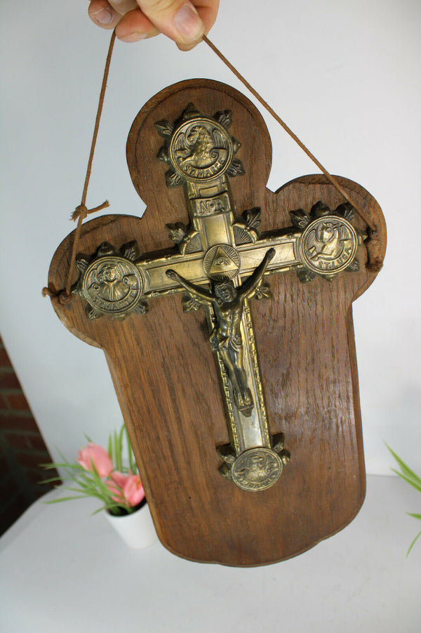 Antique French religious wood plaque with brass crucifix 4 evangelists