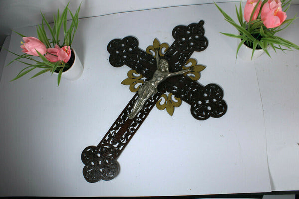 Antique French religious wood cut crucifix fleur de lys rare