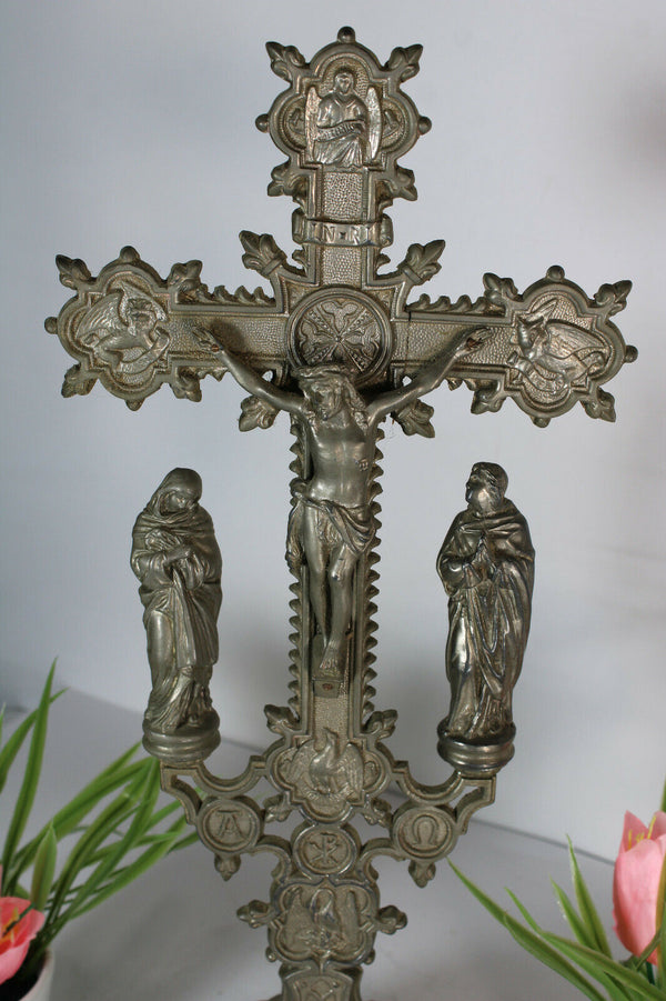 Antique french spelter metal art deco crucifix calvary 4 evangelist