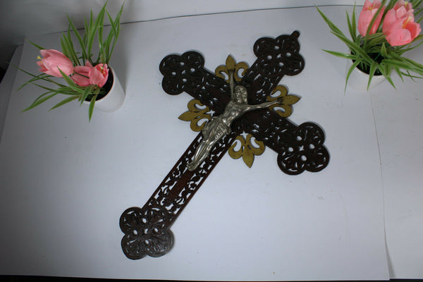 Antique French religious wood cut crucifix fleur de lys rare